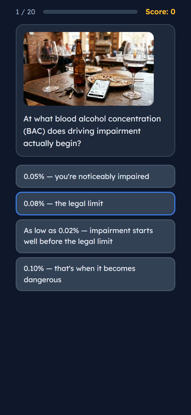 Road Rules on a phone: a driving scenario with a photo and four answers.