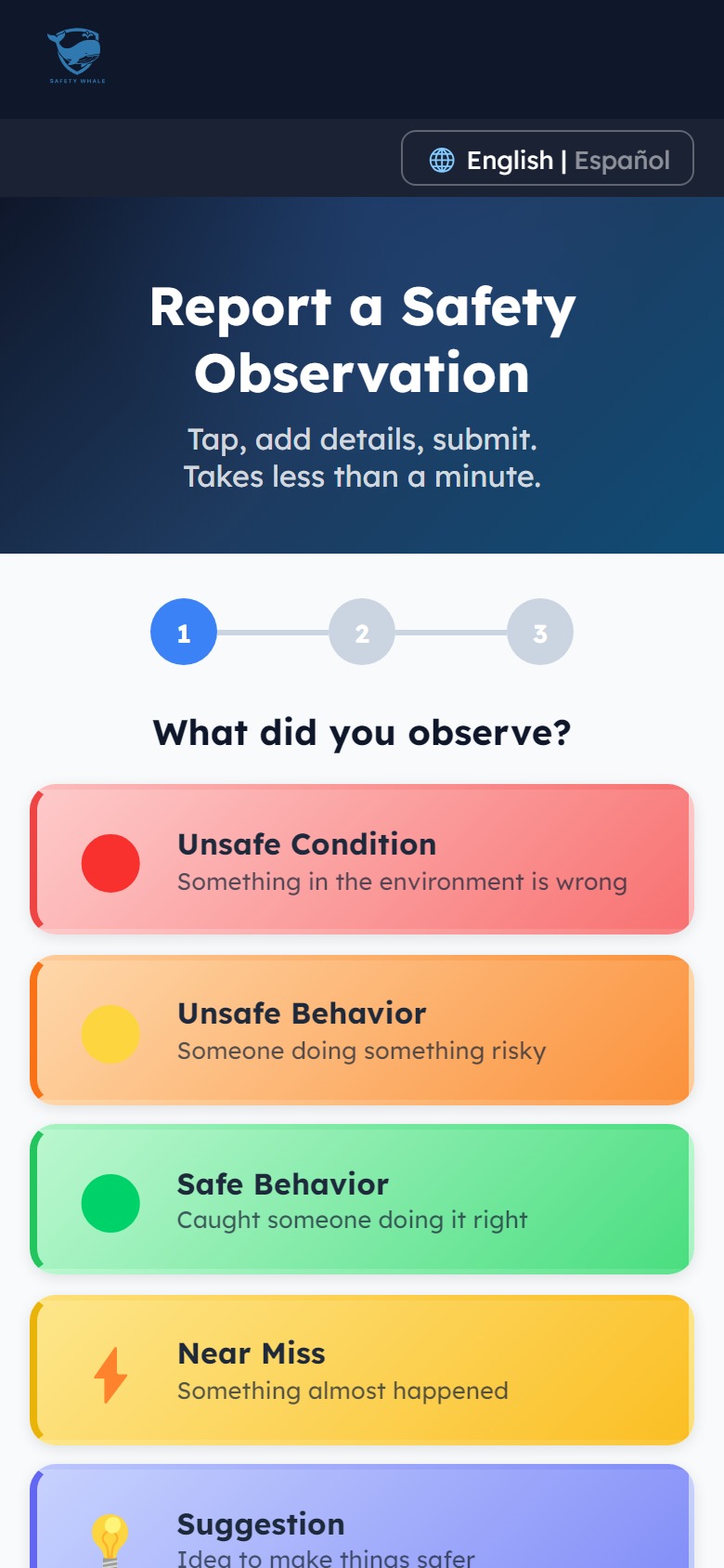 The safety observation form on a phone: pick what you observed, add details, submit.