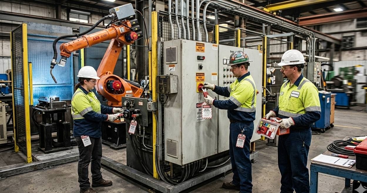 Three workers applying group lockout tags to a control panel in a robotic welding cell.