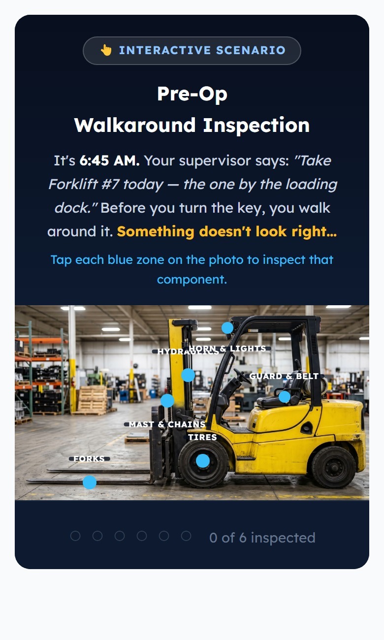 The Forklift Safety module on a phone: the pre-op walkaround scenario, where the operator taps each zone on a photo of the truck to inspect it.