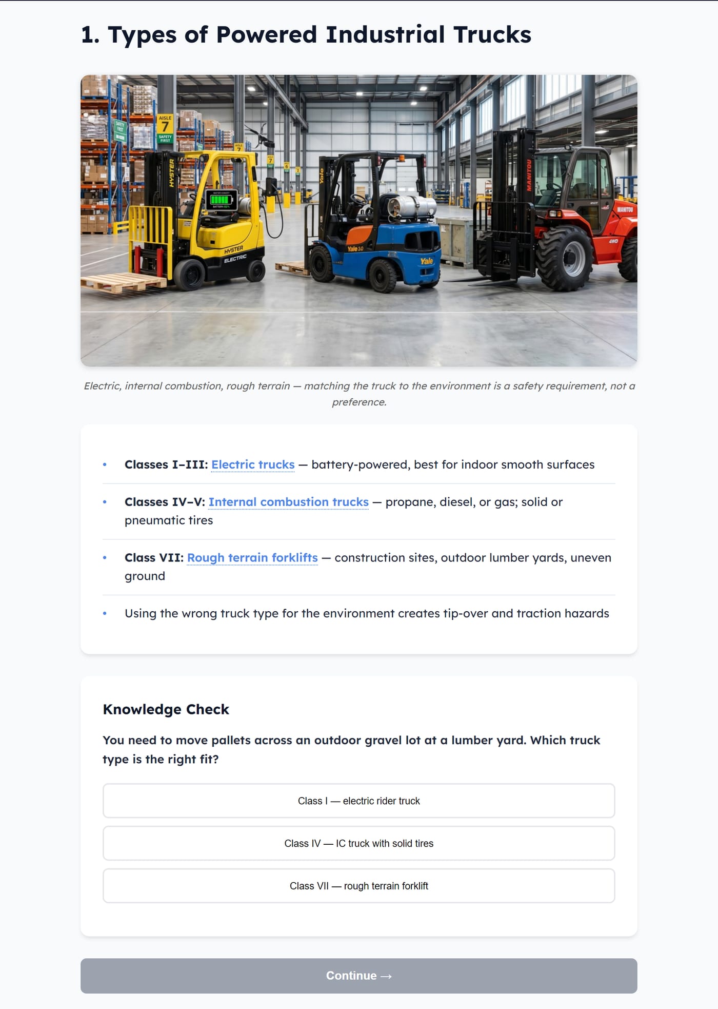 Section 1 of the Forklift Safety module, Types of Powered Industrial Trucks: a photo of three forklift types, four teaching points, and a knowledge check.