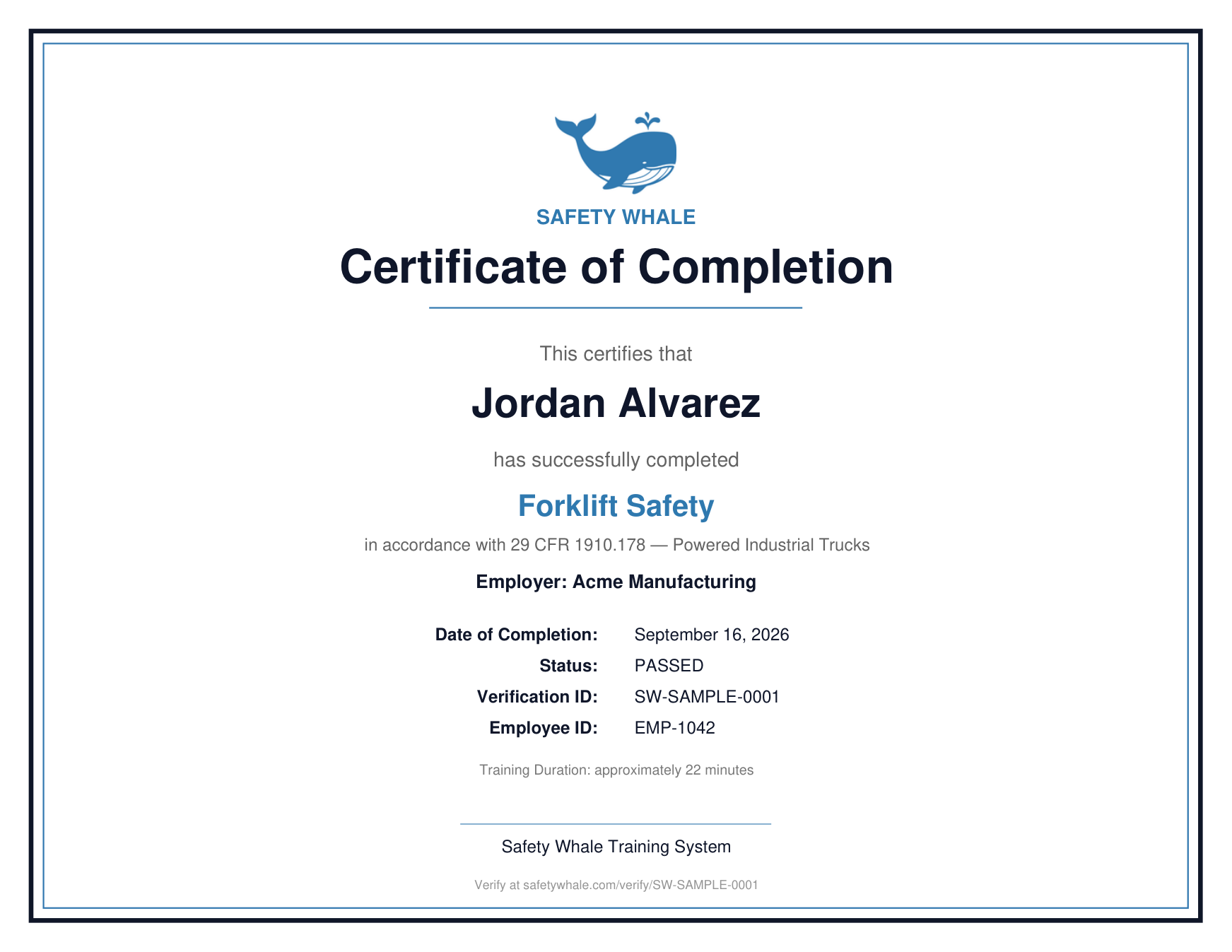 Sample Safety Whale Certificate of Completion for Forklift Safety, showing the employee name, employer, date, status, verification ID and employee ID.